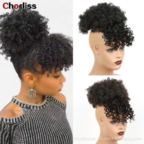 Hot Sale Ombre Chignon With Bangs Kinky Curly Bun Hairpieces Short Afro Fluffy Puff Synthetic Hair Extensions For Black Woman